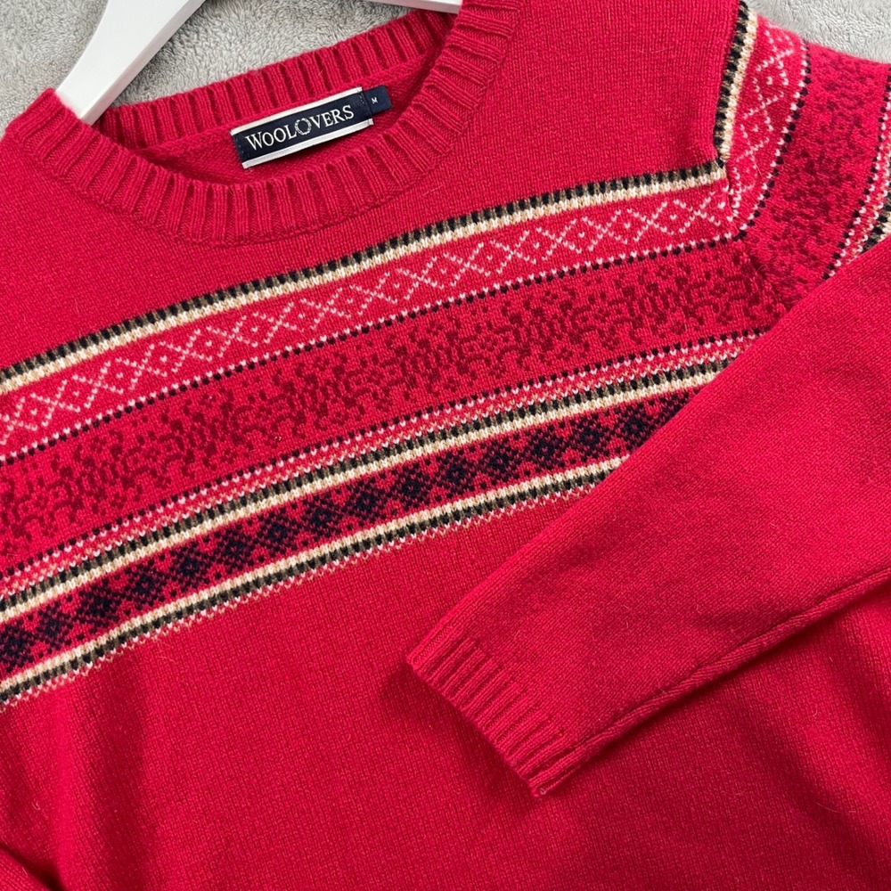 Woolovers Women's Pure Wool Fair Isle Crew Neck Sweater Red Medium Nordic Cozy